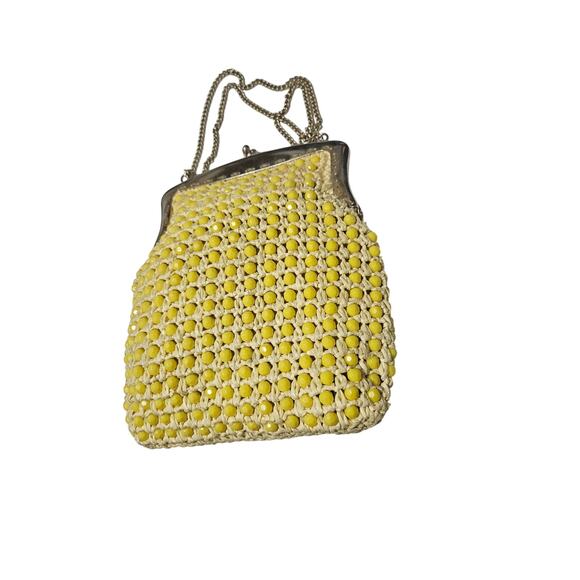 Vintage Retro Yellow Beaded Raffia Cross Body Chain Link Strap Bag Made in Italy - Picture 4 of 10